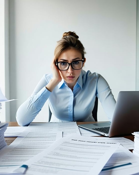 Frustrated legal professional at a cluttered desk with paperwork and a laptop, symbolizing the need for better case management solutions.